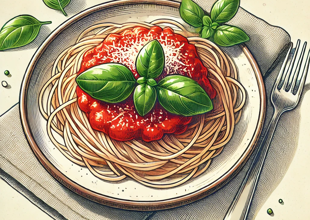 Illustration d'un plat de pâtes à la sauce tomate