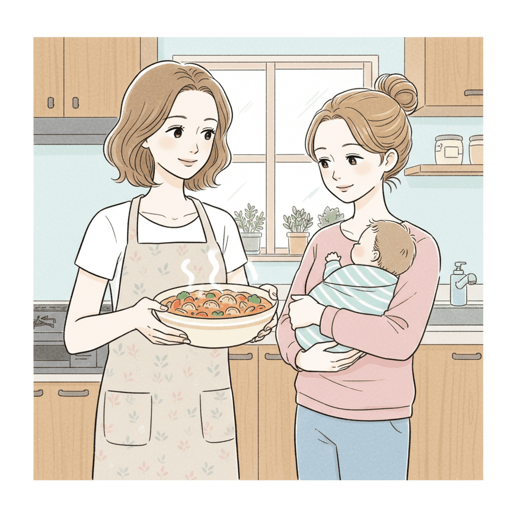 Illustration d’une femme donnant un plat qu’elle a préparé à une autre femme (cadeau de naissance jeune maman fatiguée)