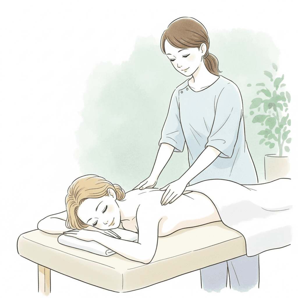 Illustration d’une femme se faisant masser le dos (cadeau de naissance jeune maman fatiguée)