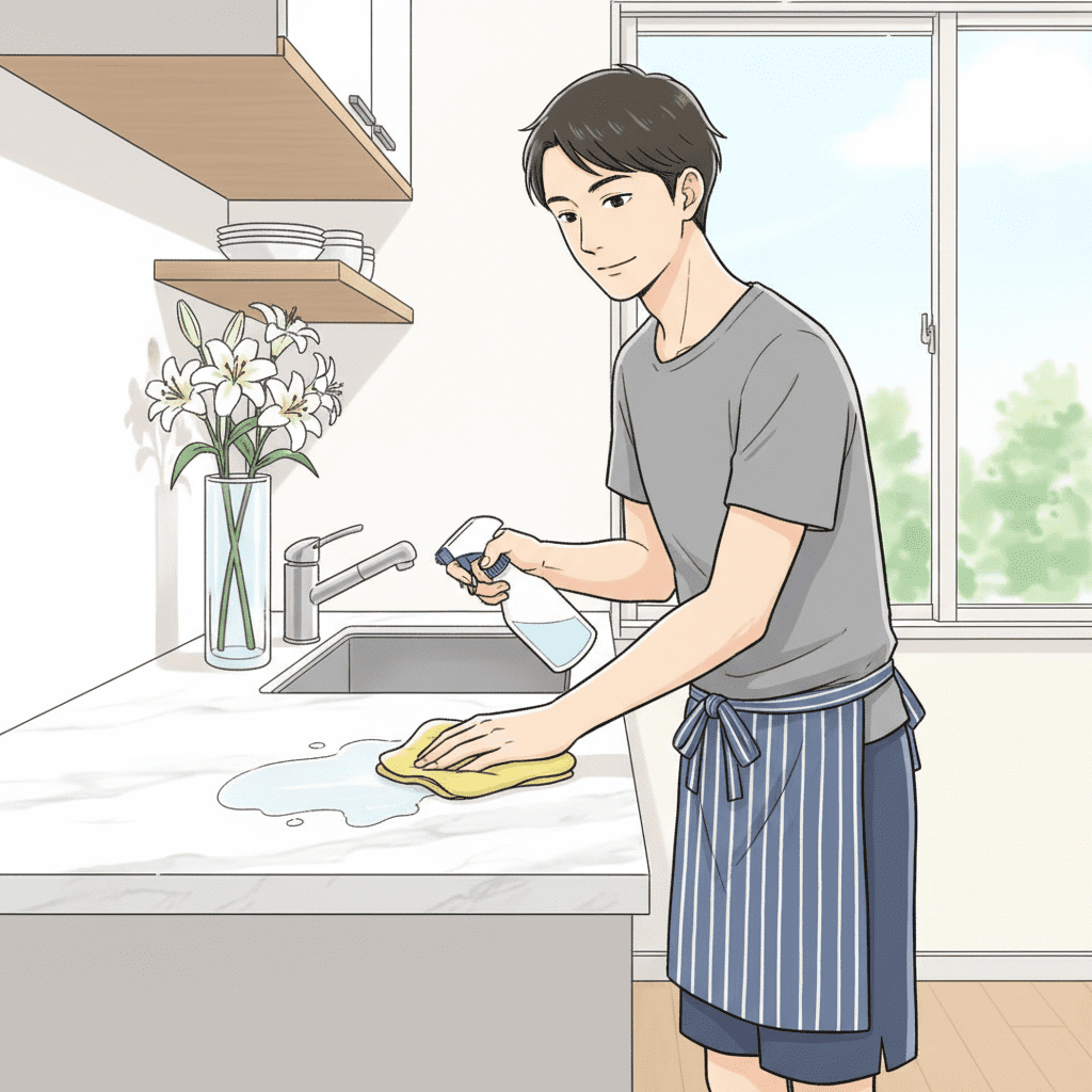 Illustration d’un homme faisant le ménage dans un appartement  (cadeau de naissance pour maman entre 20 et 50 euros)