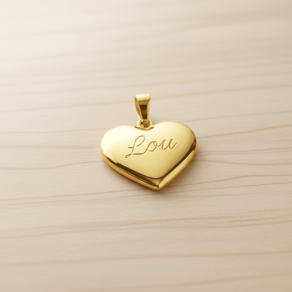 Illustration d’un pendentif en or en forme de coeur avec écrit Lou (cadeau de naissance pour maman symbolique)