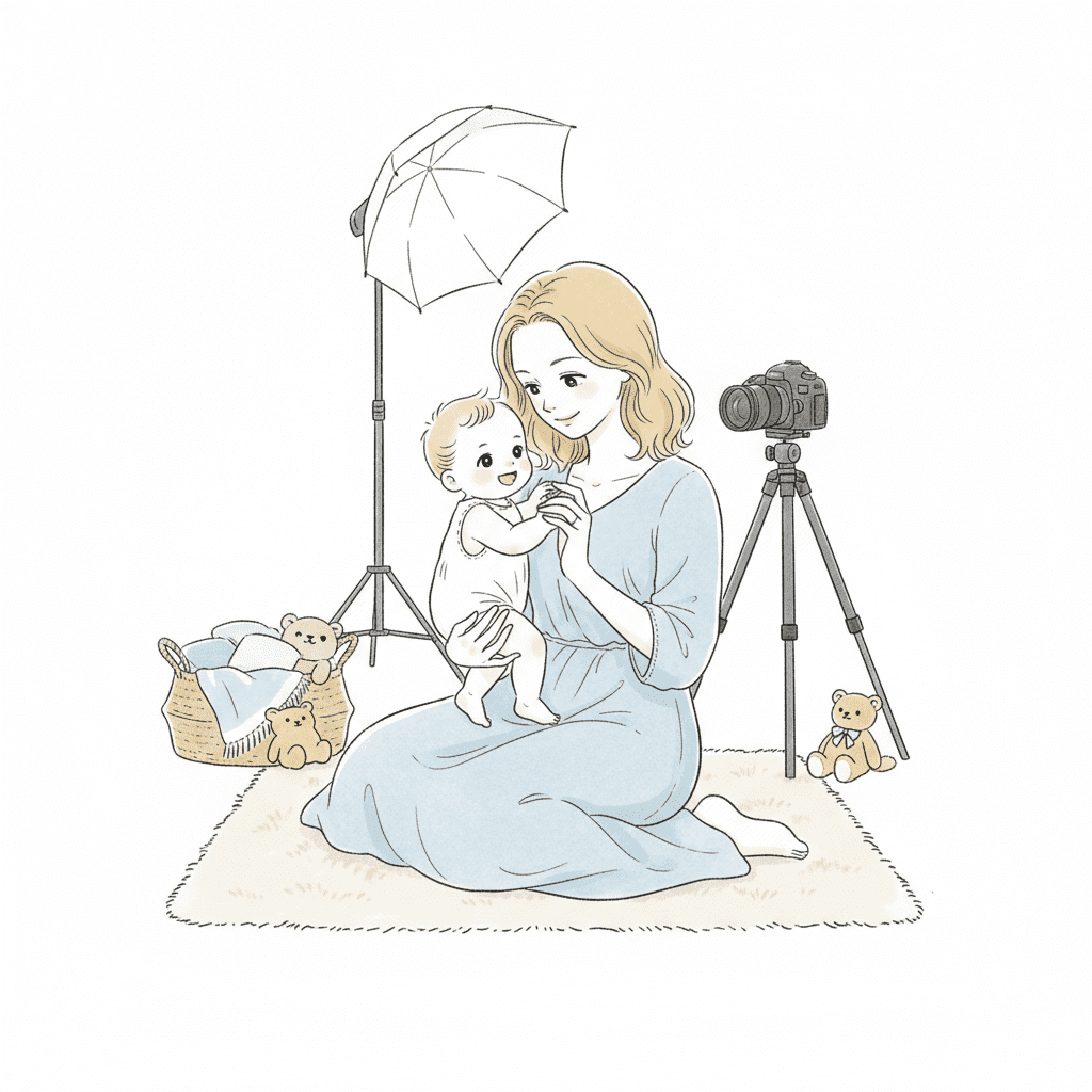 Illustration d’une femme et son bébé chez le photographe (cadeau de naissance pour maman à plus de 50 euros)