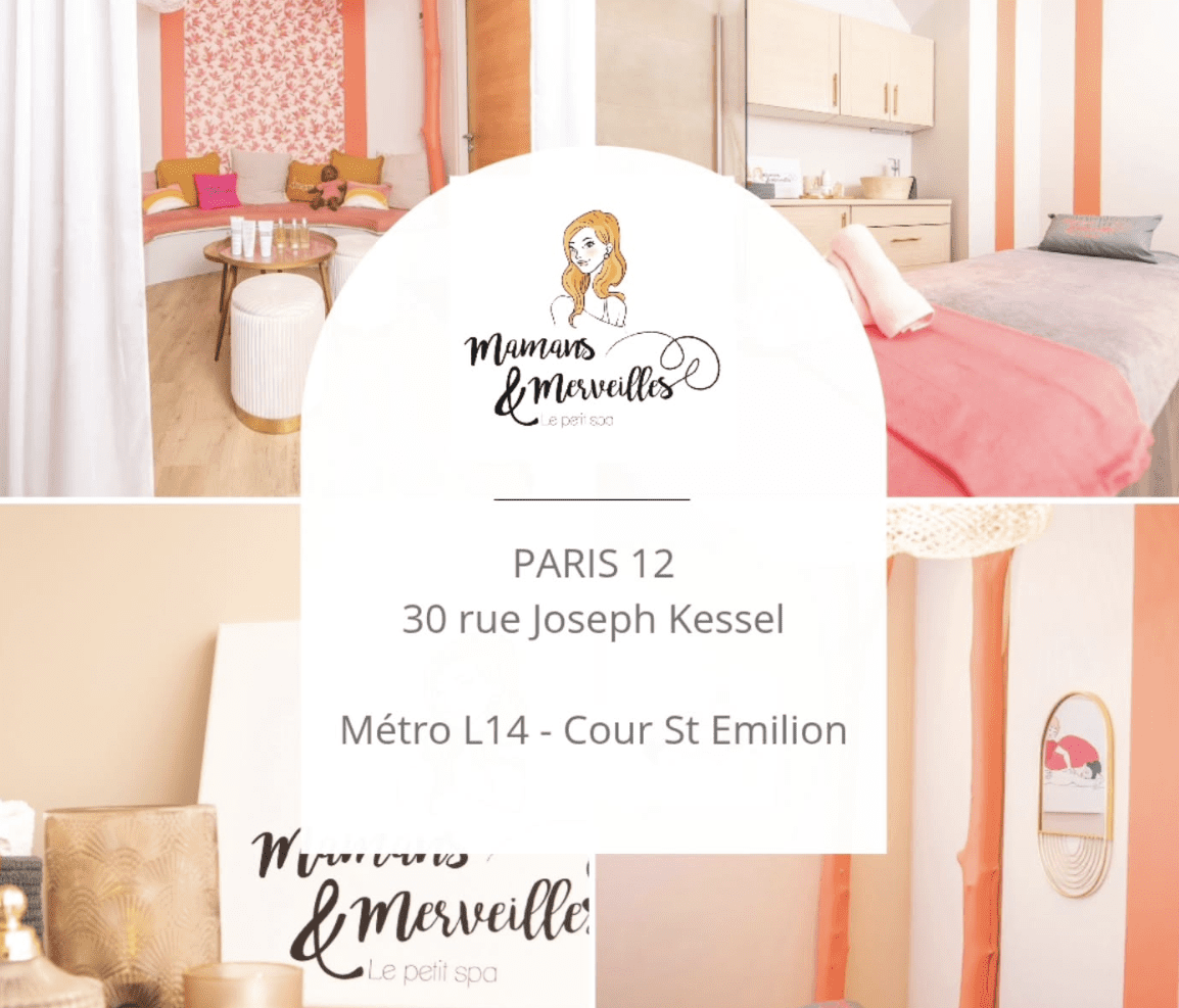 Montage photo de l’intérieur du salon massage duo Mamans & Merveilles à Paris 12