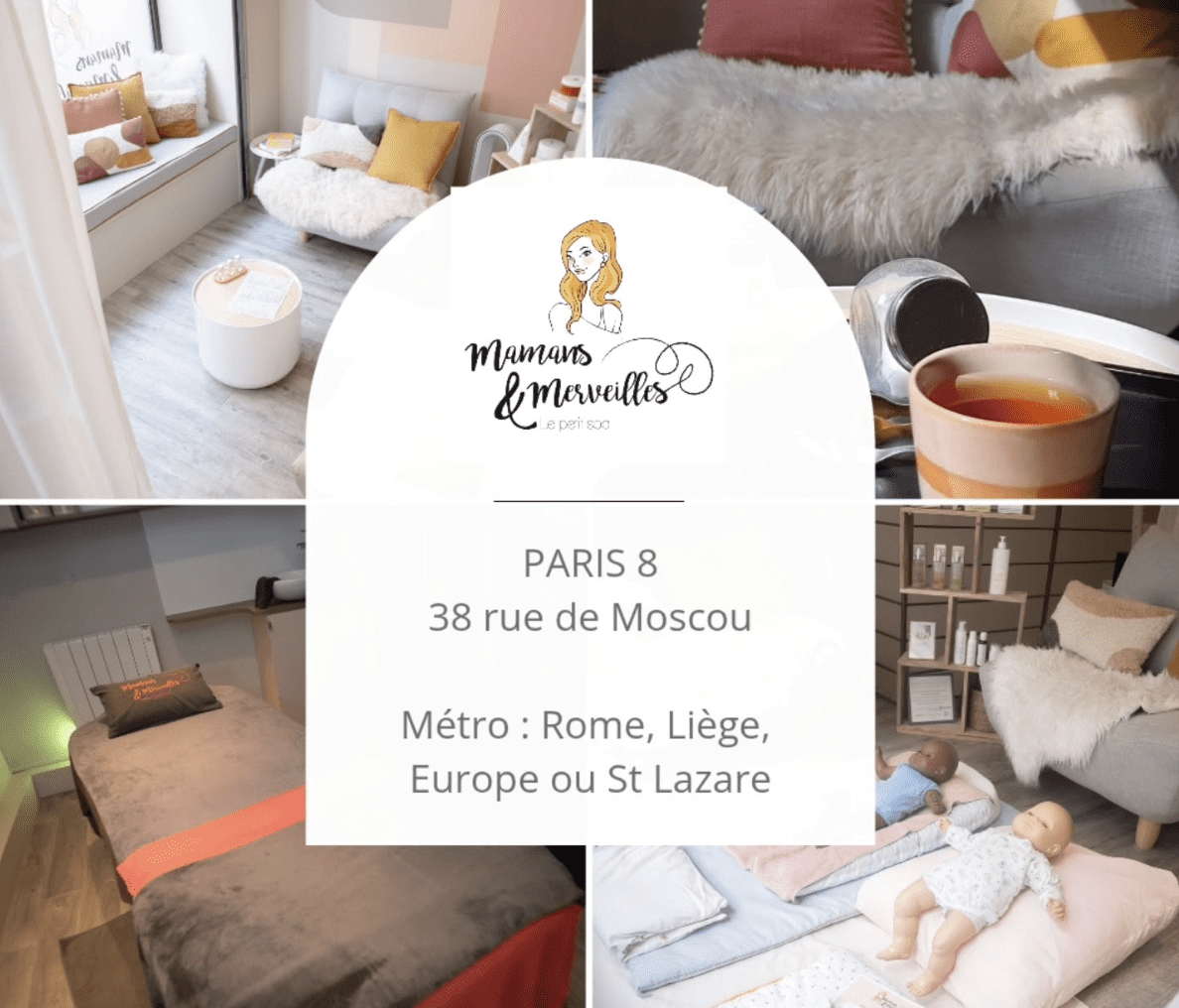 Montage photo de l’intérieur du salon massage duo Mamans & Merveilles à Paris 8